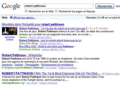 résultats de google pour la requête 'robert pattinson'