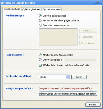 le menu des options sous google chrome