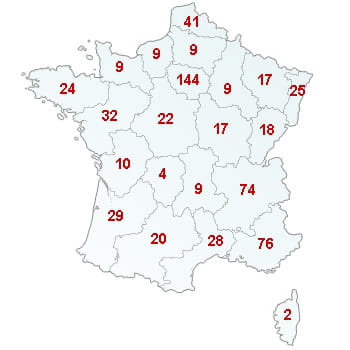 en rouge, le nombre de défaillances dans le secteur par région.