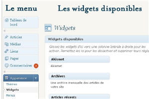 partie du menu de gestion des widgets dans wordpress.