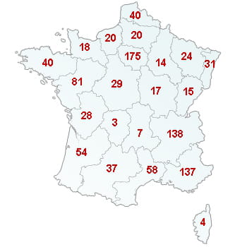 en rouge, le nombre de défaillances dans le secteur par région.
