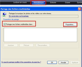 l'écran de partage des fichiers multimédia sous windows media player