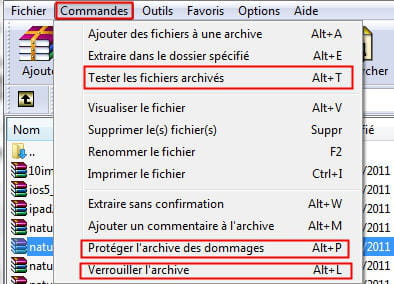 le menu commandes sous winrar qui donne accès aux options correspondantes.