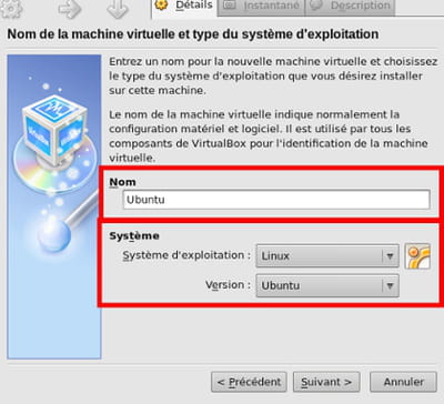 sélection du système - virtualbox