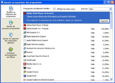le menu ajout/suppression de programmes sous windows.