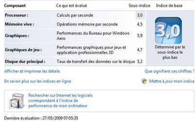 intéressant indice de performance sous vista : un 3 limite pour le processeur