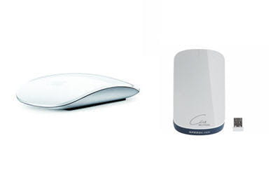 a gauche la magic mouse d'apple, à droite la cue multitouch de speedlink.