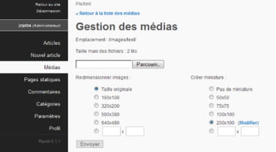 copie d'écran de l'interface de gestion média.
