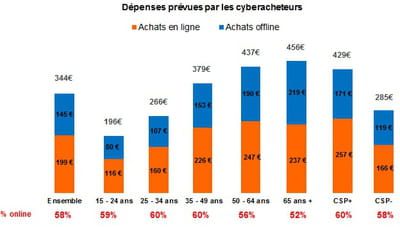 dépenses prévues par les cyberacheteurs, par âge et par csp, online et offline