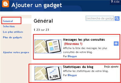 copie d'écran de la liste des gadgets disponibles sous blogger.