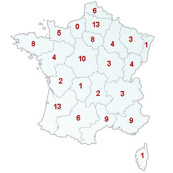en rouge, le nombre de défaillances dans le secteur par région.