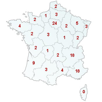 en rouge, le nombre de défaillances dans le secteur par région.