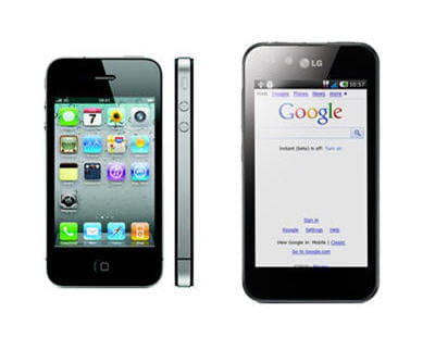 a gauche l'iphone 4, à droite l'optimus 2x de lg