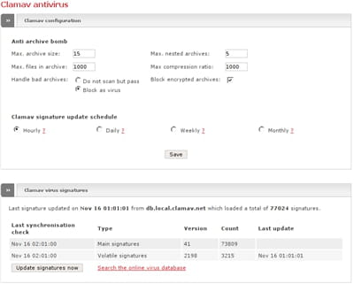 la configuration de l'antivirus clamav