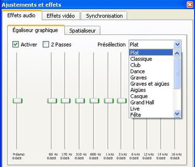 le menu pour régler les effets audio sur vlc