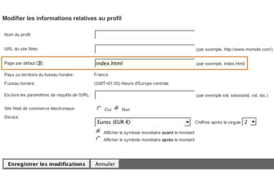paramétrage de la page par défaut
