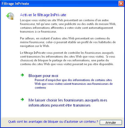 l'option de sécurité inprivate évite de transférer vos informations de connexion