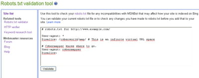 l'outil robots.txt validation offre un champ pour saisir le code des fichiers