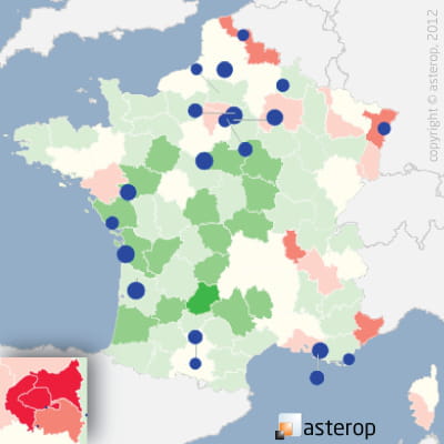 les cercles bleus représentent les 20 premiers pôles commerciaux du secteur. la