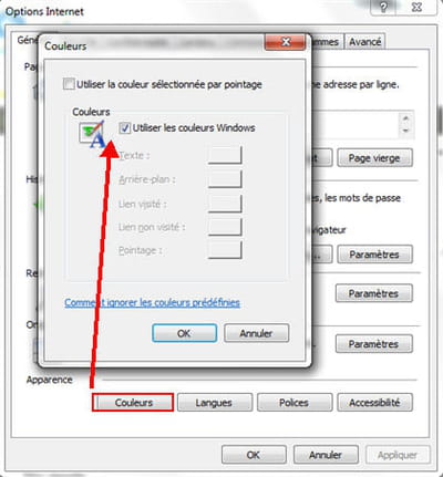 l'option 'couleurs' dans 'options internet'.