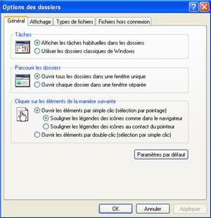 le menu options des dossiers sur le poste de travail de windows xp.