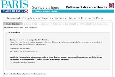 copie d'écran du service d'enlèvement d'objets encombrants sur le site de la