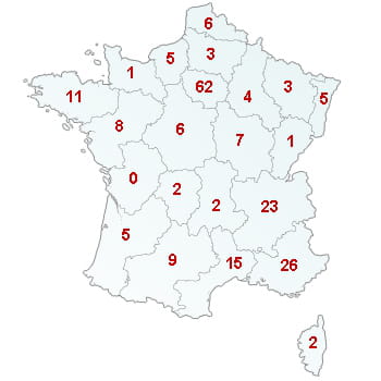 en rouge, le nombre de défaillances dans le secteur par région.