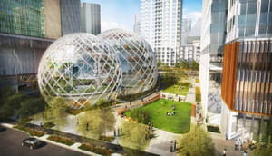 simulation de ce que pourrait donner le futur siège d'amazon à seattle. il est