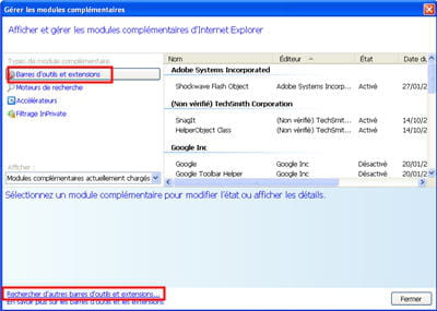 l'outil de gestion des modules sous internet explorer