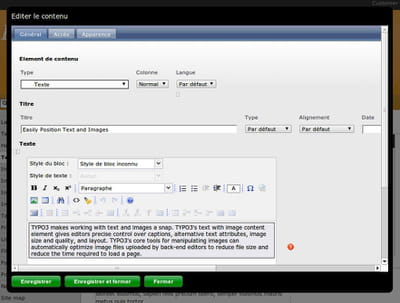interface de gestion back office de typo3.