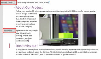 word 2016 permet de voir en temps réel ce qu'écrivent deux auteurs (encadrés en