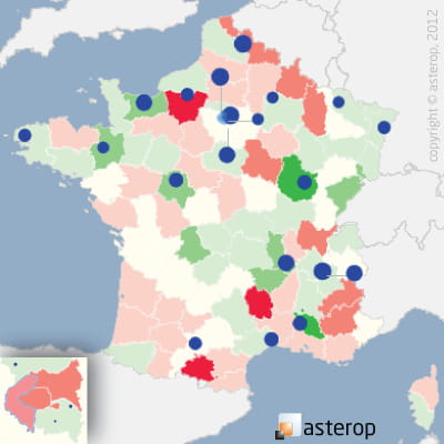 les cercles bleus représentent les 20 premiers pôles commerciaux du secteur. la