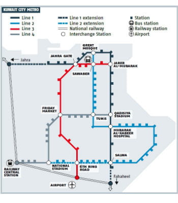 le réseau final de métro de koweit city comprendra 4 lignes sur 171 km.
