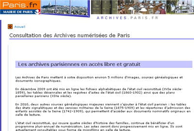 copie d'écran du site des archives numérisées de la mairie de paris.