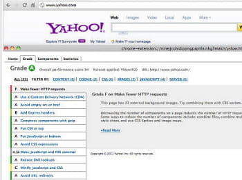 après avoir analysé une page web, yslow fait apparaître sa note en dessous (ici