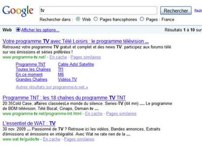 résultats de google pour la requête 'tv'