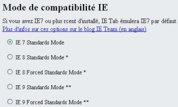 ie tab permet de choisir quelle version d'ie chrome va émuler.