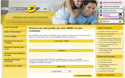 copie d'écran du service en ligne 'trouvez un code postal'.