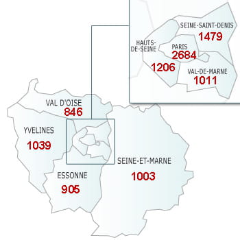 en rouge, le nombre de défaillances dans le département.