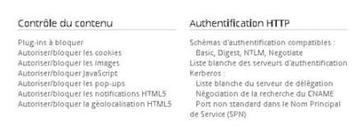 capture d'écran des fonctionnalités permises dans la console web de gestion de