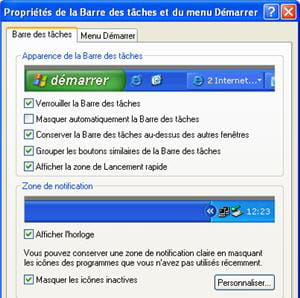 le menu barre des tâches vous permet de personnaliser vos raccourcis.