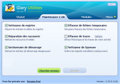 le menu maintenance 1-clic de glary utilities.