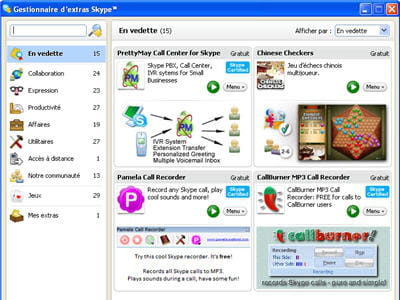 le menu de gestion des extras.