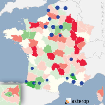 les cercles bleus représentent les 20 premiers pôles commerciaux du secteur. la