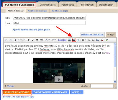 copie d'écran de l'interface de publication du contenu de blogger.