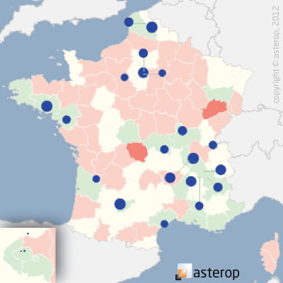 les cercles bleus représentent les 20 premiers pôles commerciaux du secteur. la