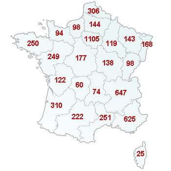 en rouge, le nombre de défaillances dans le secteur par région.