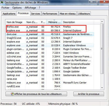 la consommation mémoire des deux navigateurs au démarrage sous windows vista 32