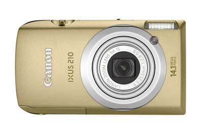 le canon ixus 210 doré de face.