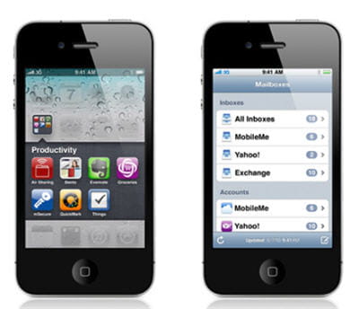 a gauche, illustration des dossiers sur ios 4, à droite la messagerie unifiée.